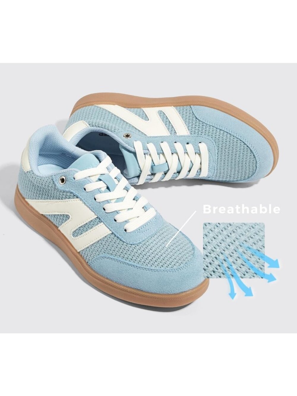 Women's Blue White Leather Lace Up Classic Retro Gum Sole Fashion Sneakers - Picture 5 of 6